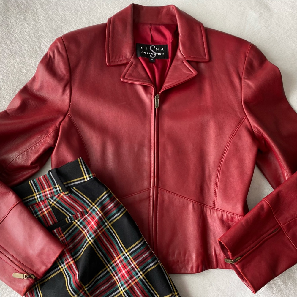 🍂 Vintage Siena Collection red leather cropped moto jacket sz 8 - Picture 5 of 14